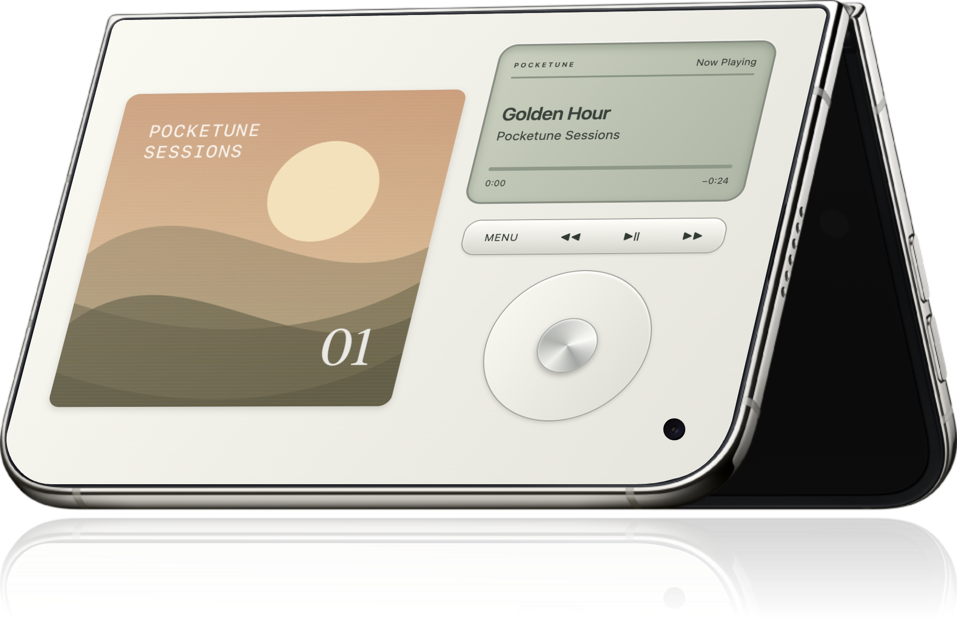 Pocketune Album Display on iPhone Duo in tent mode, with a subtle reflection