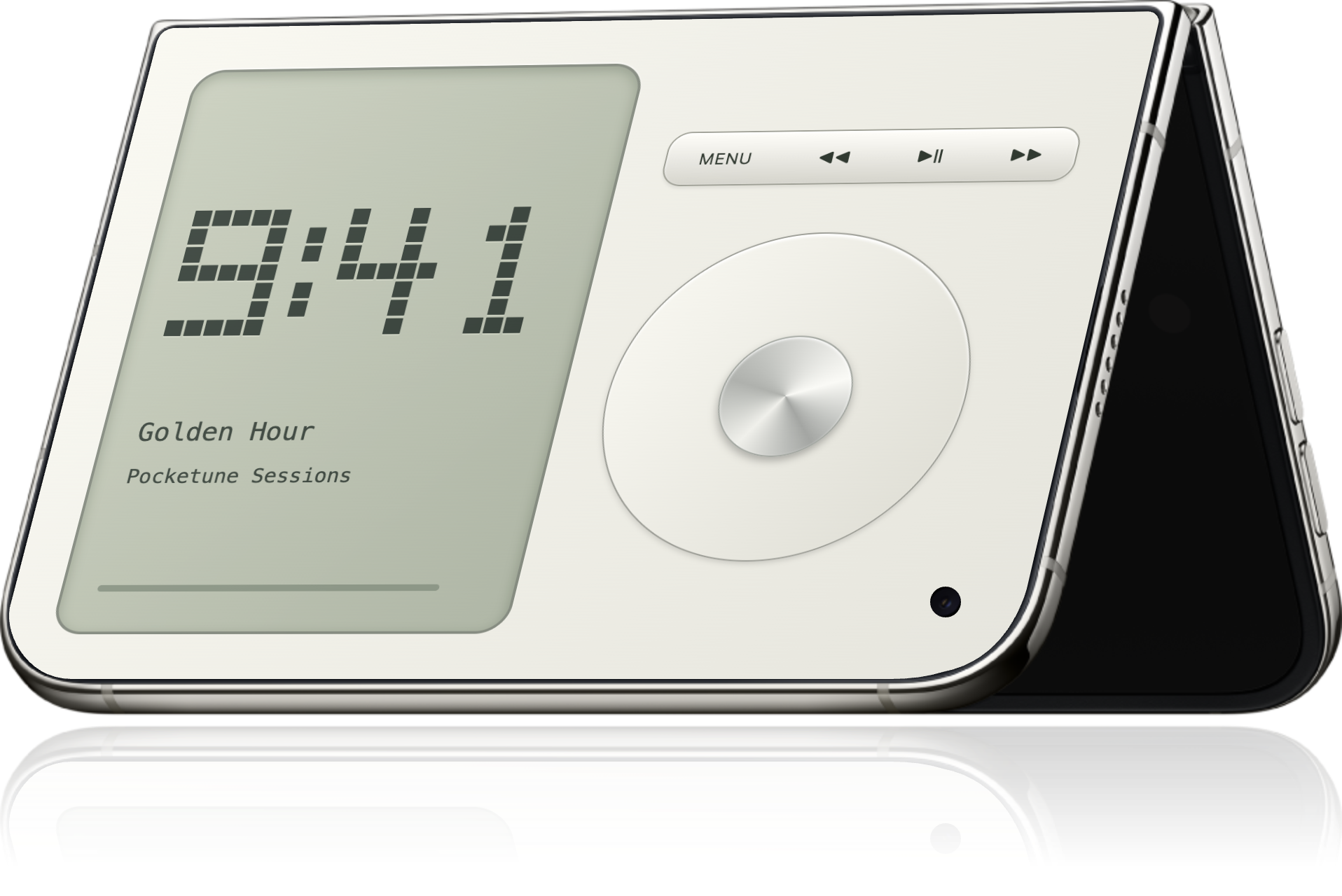 Pocketune Bedside showing 9:41 on iPhone Duo in tent mode, with a subtle reflection