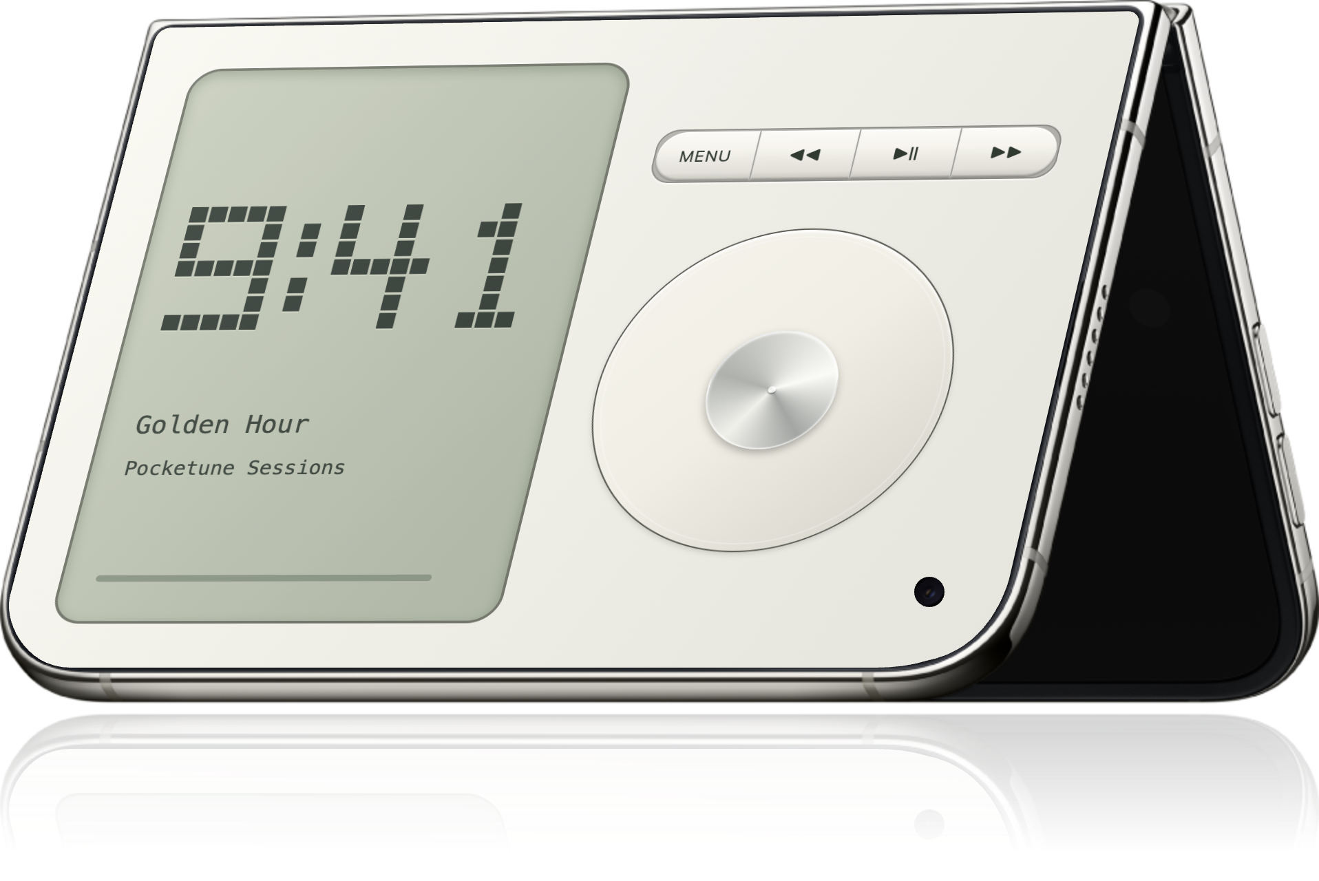 Pocketune Bedside showing 9:41 on iPhone Duo in tent mode, with a subtle reflection